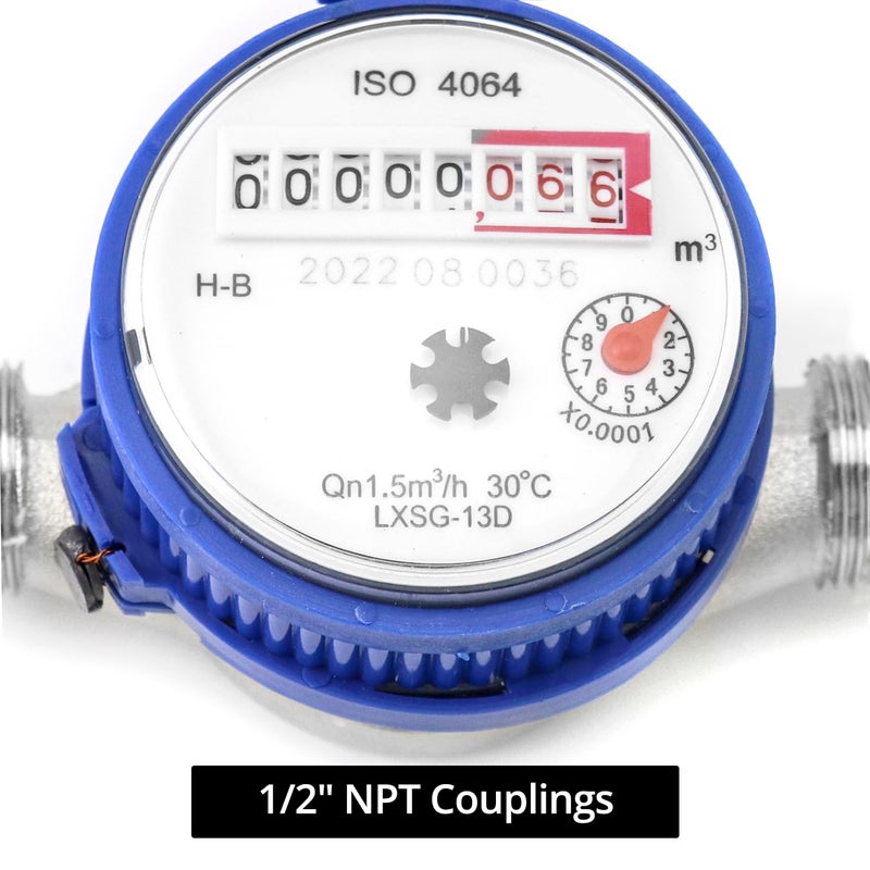 QWORK عداد مياه، عبوة 2 1/2" NPT من الفولاذ المقاوم للصدأ 304 لعداد تدفق المياه الباردة مع خرج نبضي، للاستخدام في الحديقة والمنزل، مع 2 قطعة محول خيط 1/2" NPT. - Image 4